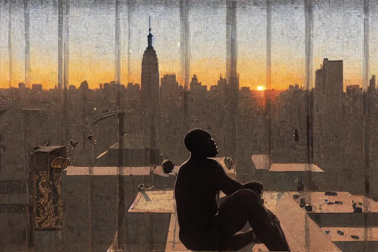 Image similar to painting of a black men in a rooftop, watching new york, beautiful, sunset, romantic, by ludwig deutsch and maxfield parrish, patterned tilework, extremely detailed, cinematic lighting, smooth sharp focus