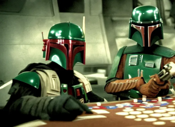 Image similar to film still of Boba Fett gambling in vegas in Star Wars The Empire Strikes Back,