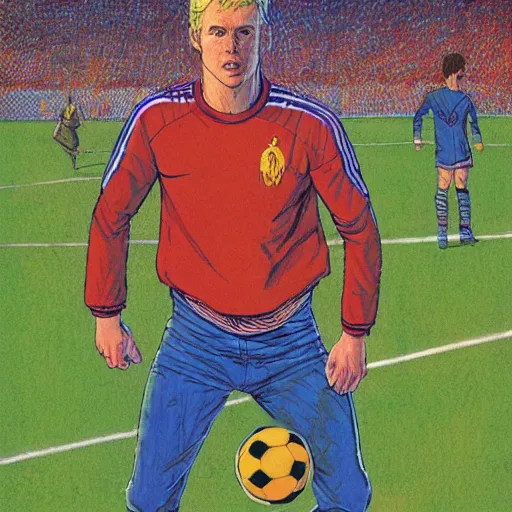 Image similar to a blonde man studying a soccer game. happy, colorful Epic portrait by james gurney and mœbius.