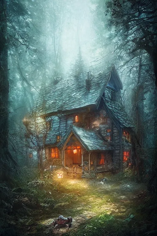 Image similar to a ramshackle cabin in the woods, magical forest, fairytale style, Fairycore, cottagecore, fantasy, by Bastien Lecouffe Deharme