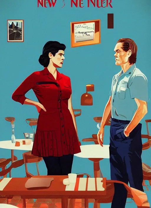 Image similar to Twin Peaks art, of Michael Shannon dressed as mechanic talking to Jennifer Connelly wearing light blue diner waitress dress, poster artwork by Sam Weber, Laurent Durieux, Katherine Lam from scene from Twin Peaks, from scene from Twin Peaks, clean, New Yorker magazine cover