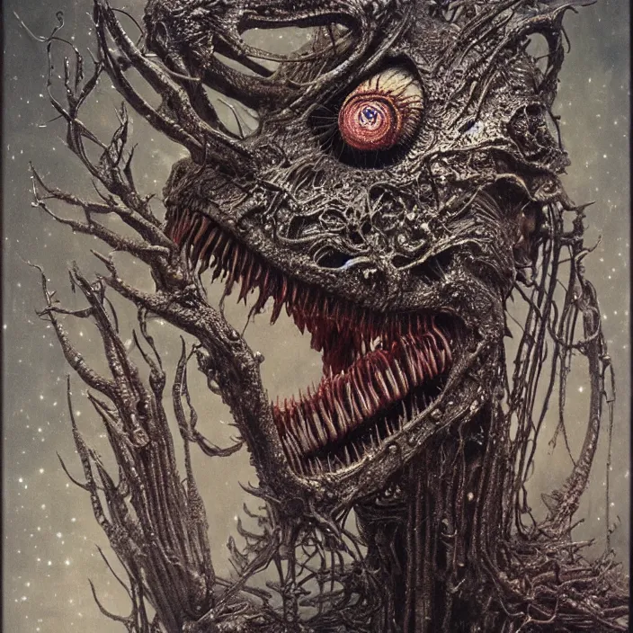 Image similar to space alien, slimy, glossy, sharp teeth, by h. r. giger, beksinski, nightmare fuel, nightmarish, intricate, highly detailed, optical illusion, stranger things demogorgon, volumetric lighting, flickering