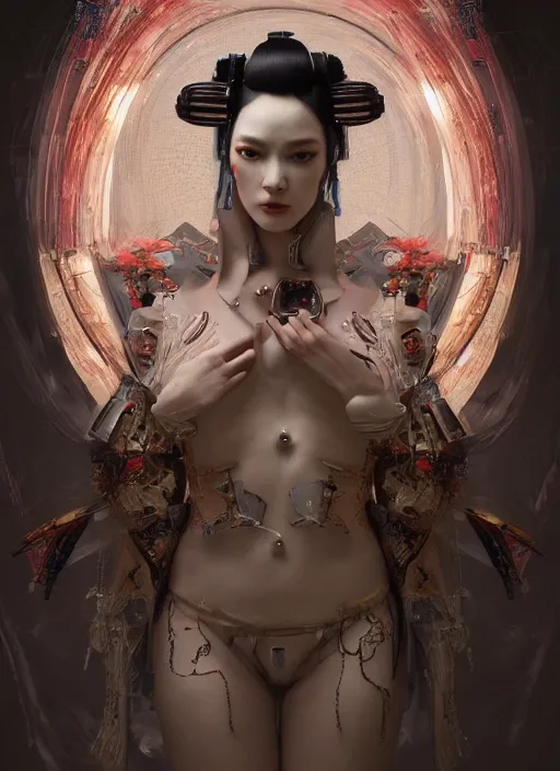 Prompt: portrait of a sensual futuristic geisha cyborg, led lights, modern fine art, fractal, intricate ornaments, elegant, highly detailed, digital photography, subsurface scattering, by jheronimus bosch and greg rutkowski,