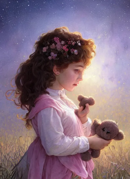 Image similar to A cute little girl with short curly brown hair. She is standing in a field at night holding a care bear, looking up and the sky is filled with constellations. beautiful fantasy art by By Artgerm and Greg Rutkowski and Alphonse Mucha, trending on artstation.