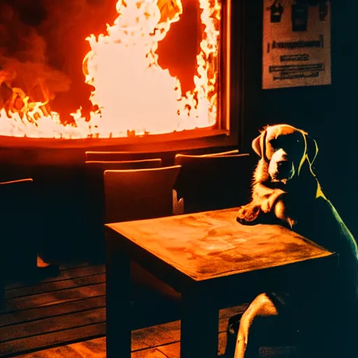 Image similar to a photograph of a room on fire, only remains a wooden table and a chair, an human-like relaxed dog sitting at this table, ☕ on the table, surrounded by flames, a lot of flames behind the dog, smoke under the ceiling