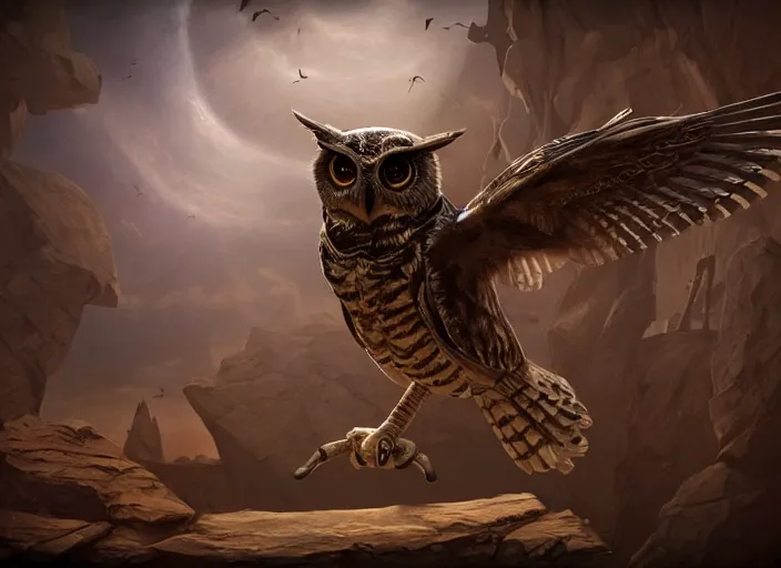 Image similar to a flying Warrior owl art nuveau, steampunk, symmetry, cinematic lighting , unreal engine,