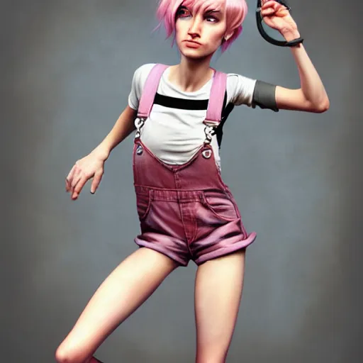 Image similar to full body pose, pixar, beautiful androgynous girl, pink pixie cut hair, torn overalls, short shorts, combat boots, fishnets, beautiful, highly detailed face, true anatomy!, extremely detailed!, digital painting, unreal engine 5, art by tom bagshaw