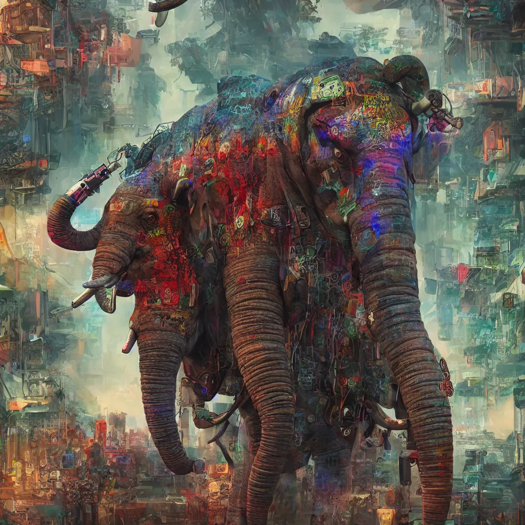 Image similar to war cyberpunk elephant with machine gun mounted in a vivid color jungle, 4 k, detailed, digital art