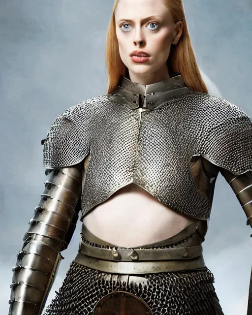 Prompt: HD portrait by Annie Leibovitz of Deborah Ann Woll as a medieval knight wearing a chainmail hauberk.