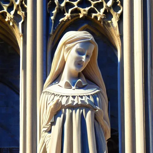 Prompt: architectural shot, no decaying lines, alabaster gothic cathedral, gothic sapphire female statue, intricate arabesque detailed silk dressed, macro head face