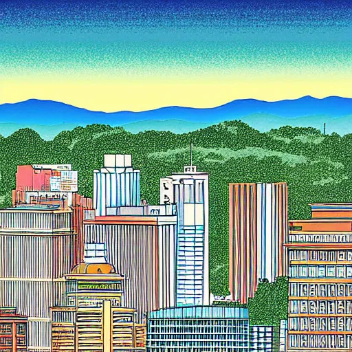 Image similar to asheville skyline, digital art, utamaro kitagawa style