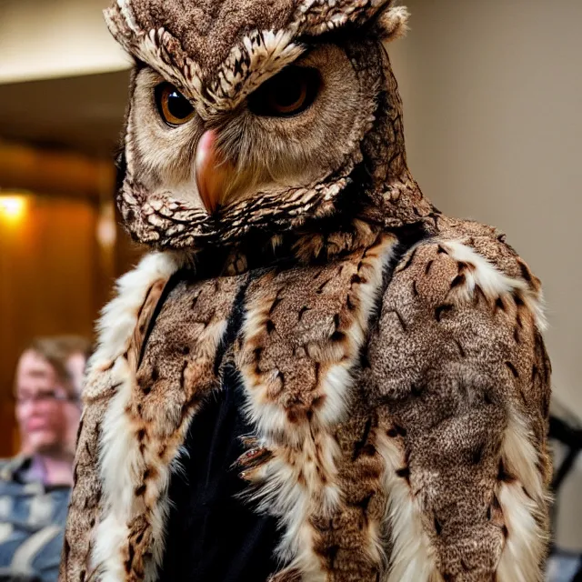 Image similar to a person wearing a fursuit of a screech owl fursona, fursona, furry convention, hotel lobby, indoors, photograph, furry fandom, photorealistic,