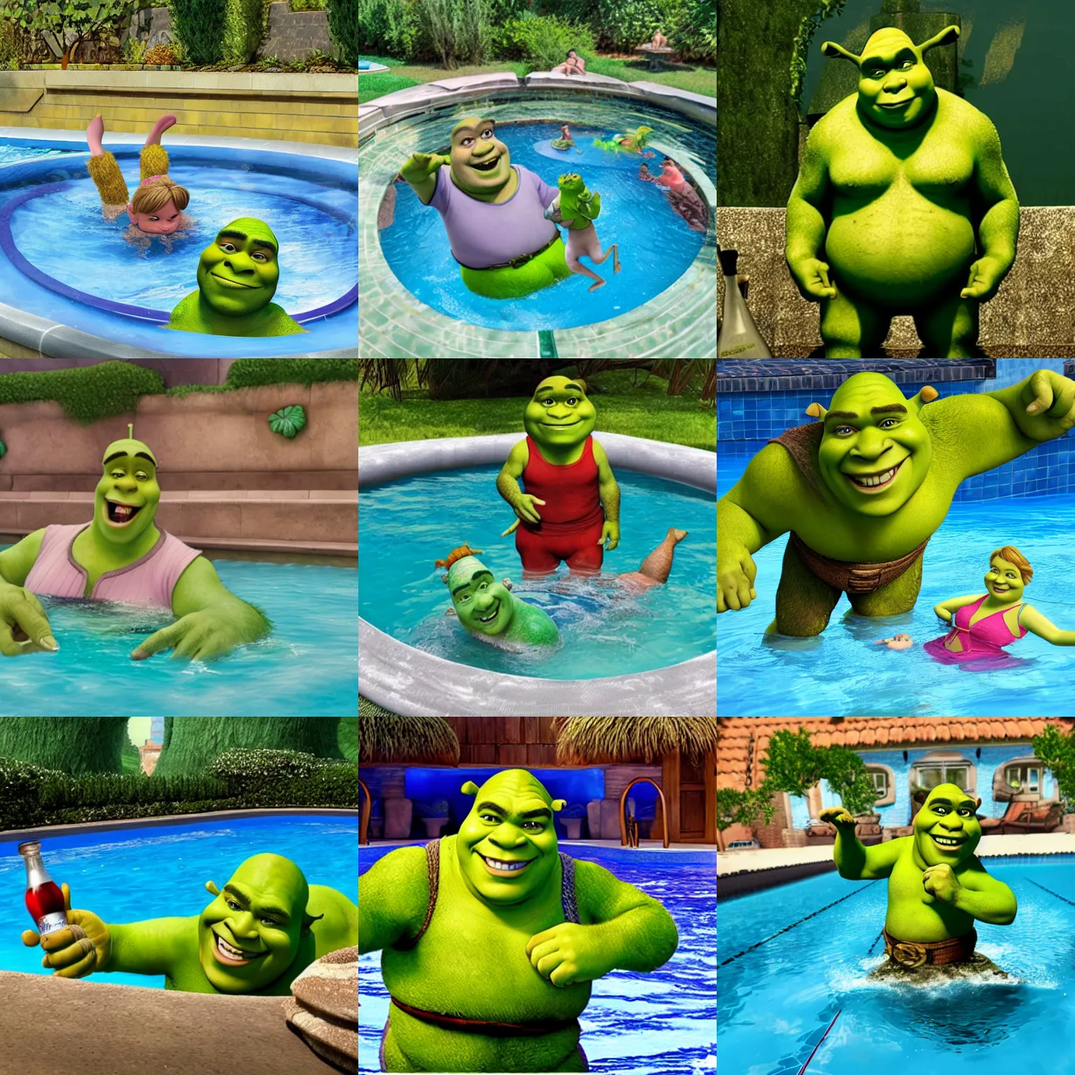 Prompt: shrek in a swimming pool