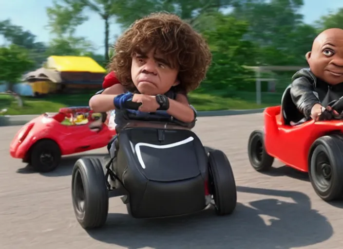 Image similar to peter dinklage racing gary coleman driving a little tikes cars, movie still, from the new fast and furious movie, 8 k, realistic