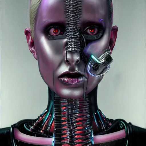 Image similar to cyberpunk portrait of Yolandi Visser, in the style of h.r giger, norman rockwell, giger, highly detailed, soft lighting, 8k resolution, oil on canvas