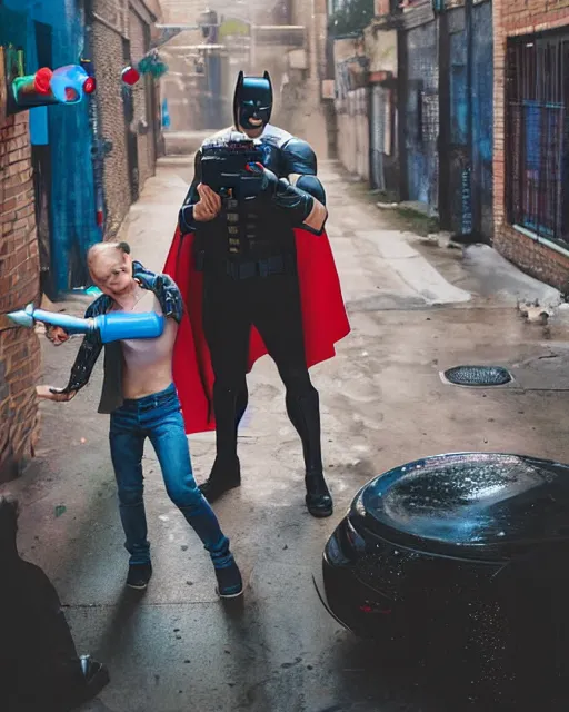 Image similar to happy batman firing super soaker water gun at playful criminals in an alleyway, everyone having fun, product advertisement, photography