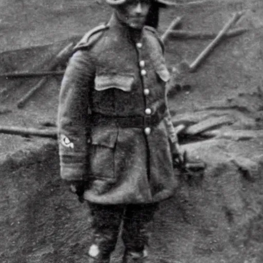 Image similar to a rabbit dressed as a ww1 russian soldier, posing in a muddy trench, grainy black and white photograph