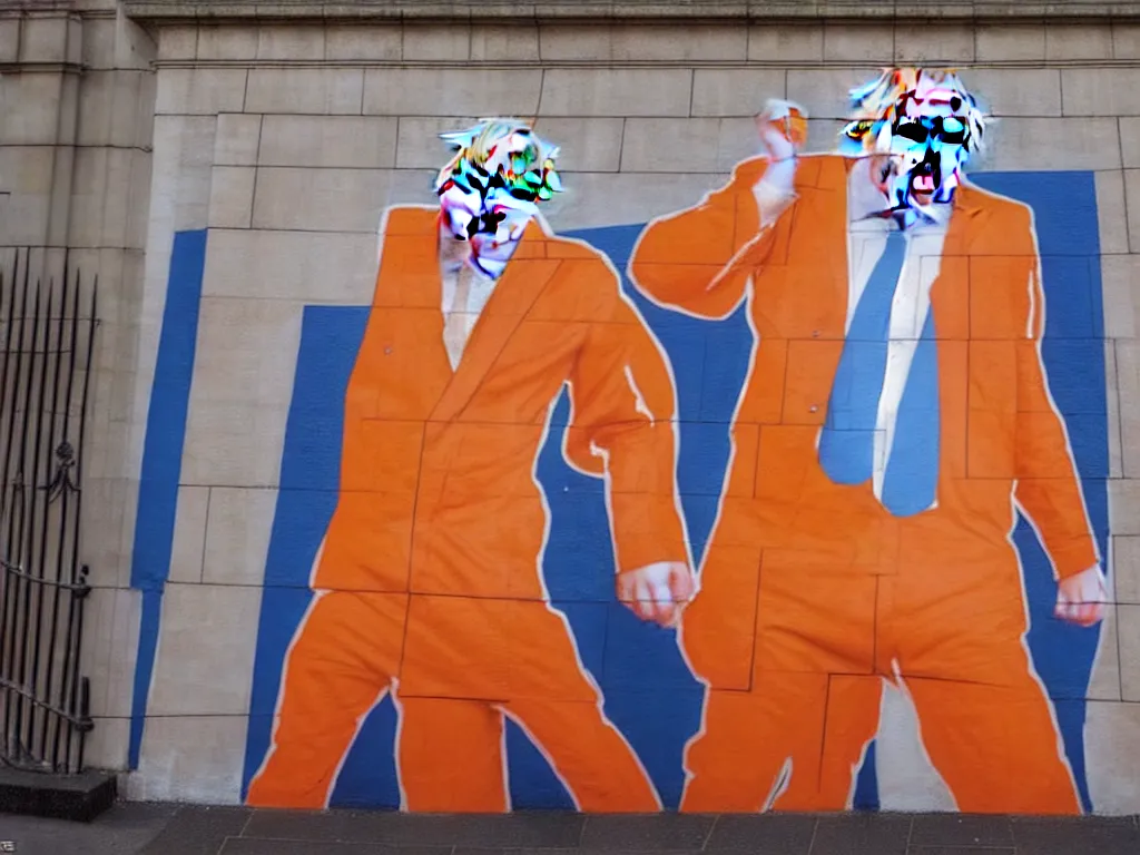 Prompt: photograph of a mural, depicting boris johnson in an orange jumpsuit, painted covering every square inch of the palace of westminster