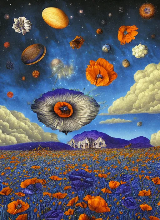 Image similar to detailed, intricate blue black and purple papaverum flower on the field, nebula, galaxy in the sky, winning award masterpiece, fantastically beautiful, illustration, aestheticly inspired, jacek yerka, upscale with anguissola sofonisba work, artstation, 8 k