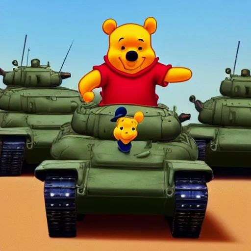 Prompt: winnie the pooh as tank man at tiananmen square sitting down in front of chinese tanks, award winning photography, extremely detailed, artstation, 8 k, sensual lighting, incredible art, wlop, artgerm