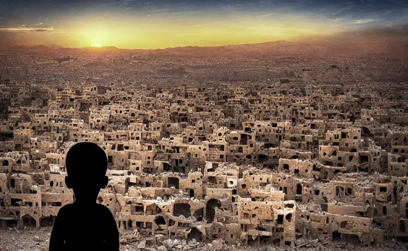 Image similar to “little boy figure lost (in the middle of the scene), epic view of Hummus in Syria in destruction, evening time clear sky, sad atmosphere, ruins, heartbreaking landscape, hyperdetailed, hyperrealism, trending on artstation, award winning photograph, photograph taken by Margaret Bourke-White, photorealistic, 8k, concept art, cinematographic, uhd, epic lighting”