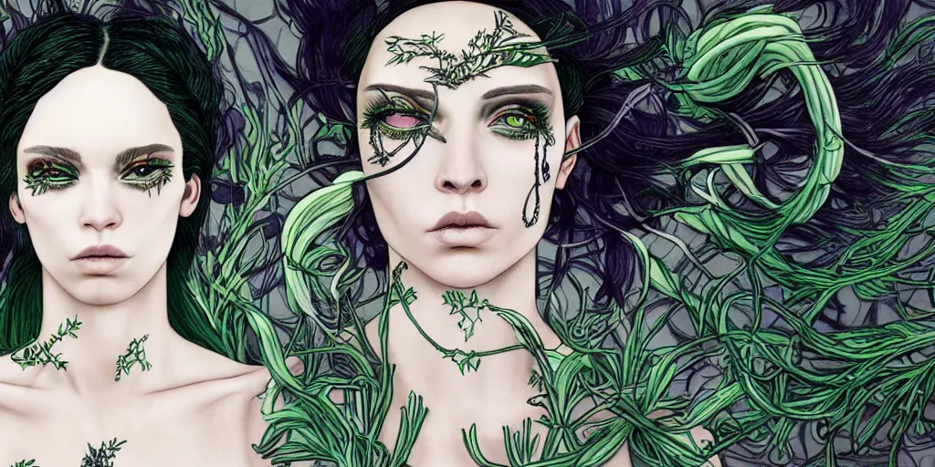 Image similar to the non-binary deity of Spring, she resembles a mix of Grimes, Aurora Aksnes, and Zoë Kravitz, in a style blend of Botticelli and Æon Flux, stunningly detailed artwork