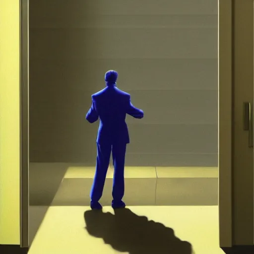 Image similar to an accountant working late does not notice the shadowy figure whose silhouette fills the door to his office. high quality high detail painting by david mattingly and ralph mcquarrie and richard corben, hd, realistic matte painting, photorealistic lighting, modern supernatural urban horror aesthetic.