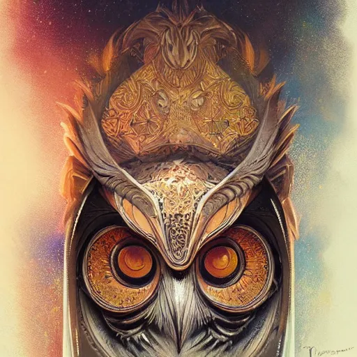 Prompt: a ultradetailed beautiful concept art of a an intricate wooden mask of an owl painted with beautiful colors, but the mask seems to hide some dark secret, intricate, concept art, high resolution 4 k, by tom bagshaw, greg rutkowski, charli bowater and artgeem