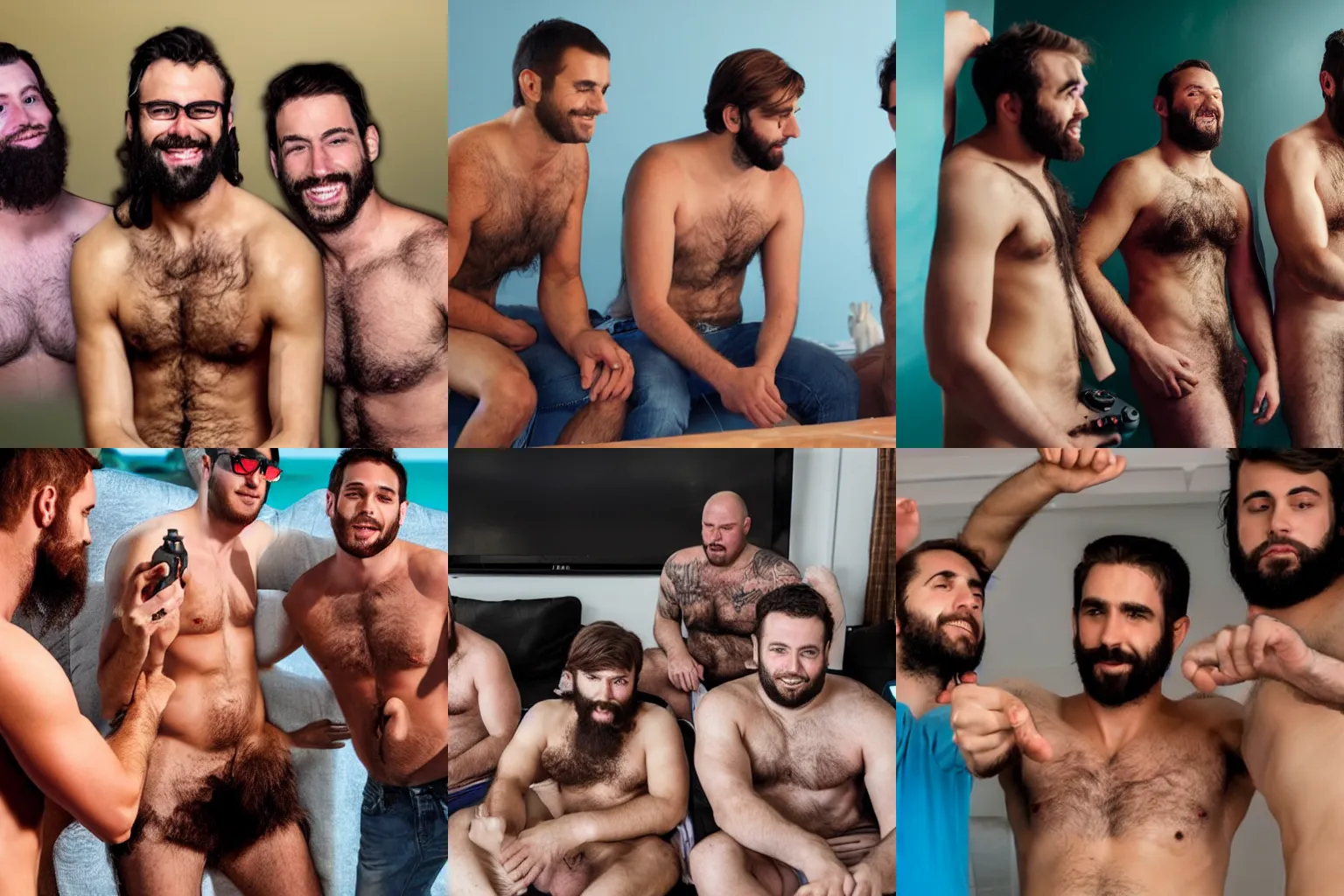 Prompt: a group of hairy shirtless men playing video games