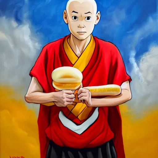 Prompt: a painting portrait of the last airbender in an arsenal jersey holding a hot dog,
