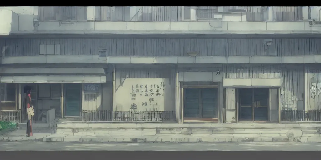 Image similar to close up front view of a japanese building facade with signs on it, a screenshot from the anime film by Makoto Shinkai