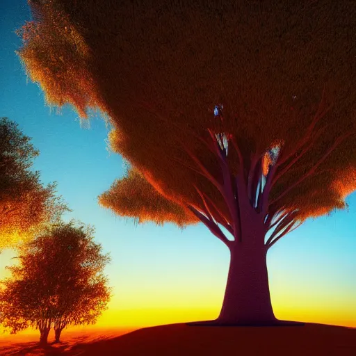 Image similar to The Bodhi Tree at Sunset, beautiful art with volumetric lighting, by beeple, Pi-Slices and Kidmograph