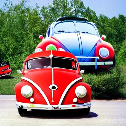 Image similar to a hybrid lady bug and'herbie the love bug'car. location of the old fashioned drive - in diner. imax, 7 0 mm, movie still