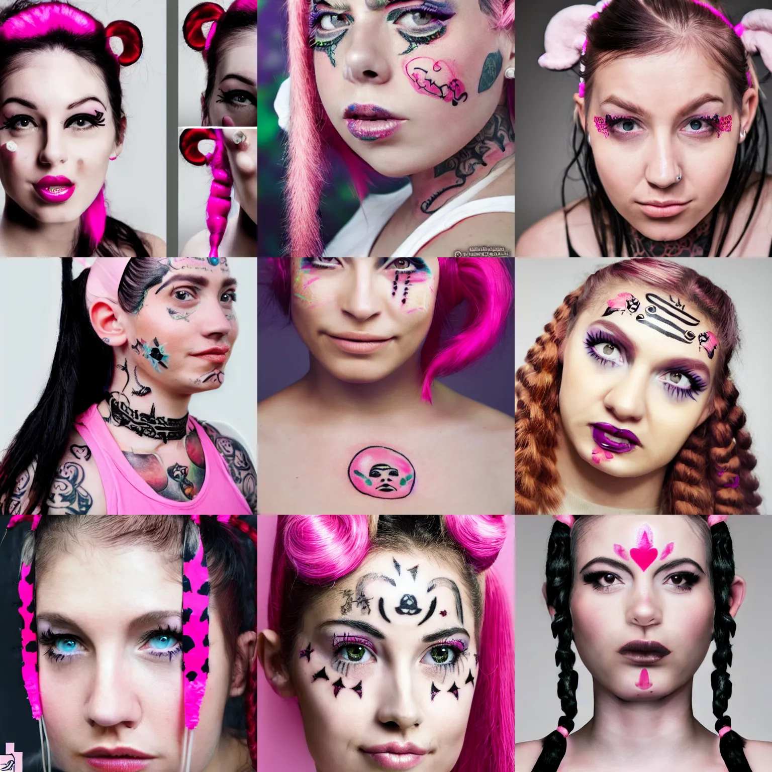 Prompt: a beautiful woman with pink pigtails, and face tattoos, HD, photorealistic, studio photo