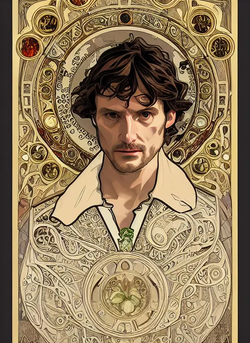 Image similar to Will Graham from NBCs Hannibal in portrait Alphonse Mucha art nouveau style, brutal, epic, intricate, elegant, highly detailed, digital painting, 4k, HDR, concept art, smooth, sharp focus, illustration, art by alphonse mucha,artgerm, H R Giger