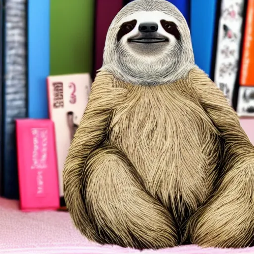 Image similar to sloth wearing diaper, sitting on couch, beside pile of books