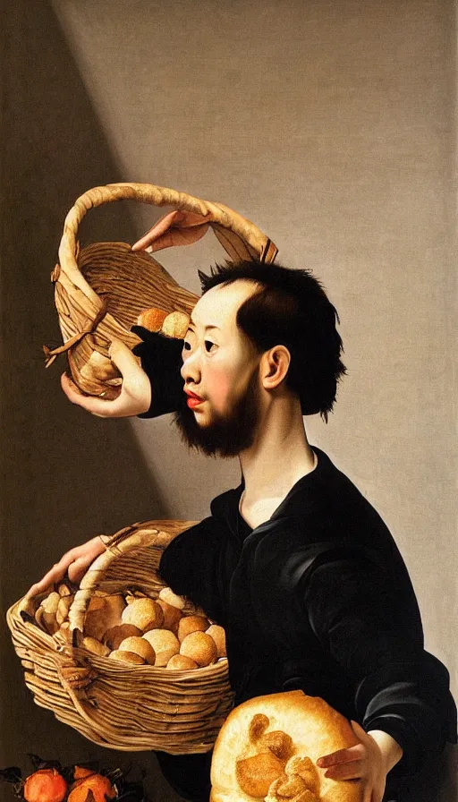 Prompt: hyperrealistic still life painting of a young man with a basket of bao by Caravaggio, botanical print