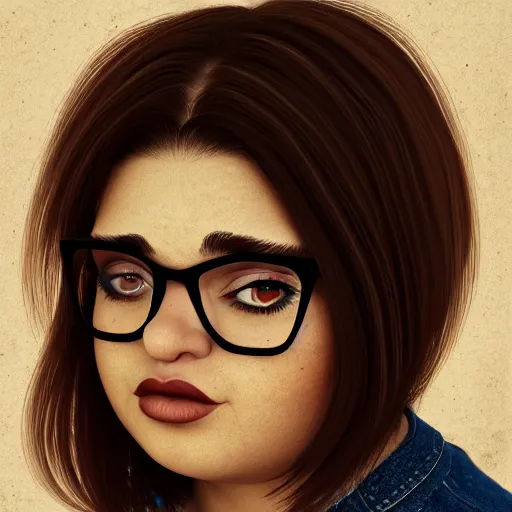 Prompt: portrait of a heavy stocky petite romanian woman, brown hair, messy bob, brown eyes, romanian, glasses, wide shot, digital art, 8 k, trending on artstation