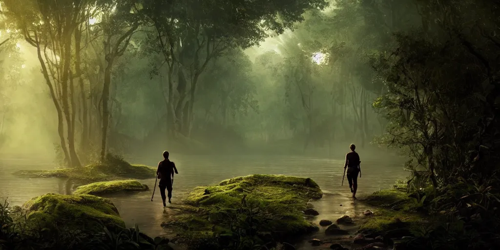 Prompt: an adventurer walking along the river bank in a kerala forest, an epic fantasy, dramatic lighting, cinematic, extremely high detail, photorealistic, cinematic lighting, matte painting, artstation, by Christopher Nolan, horizon forbidden west