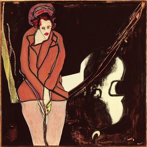 Image similar to Julie Delpy in a free jazz band, portrait, by Egon Schiele