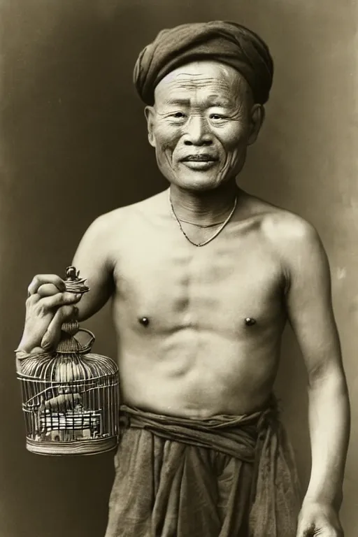 Image similar to ultra realistic vintage photo portrait of a tibetan man with a birdcage in the chest, by Annie Leibovitz,