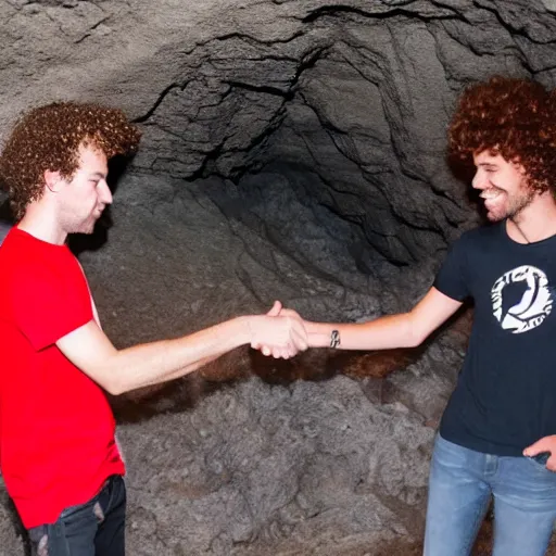 Image similar to jd beck shaking hands with a curly haired drummer in a cave