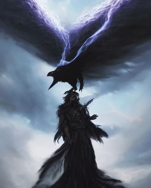 Prompt: oil painting of Anthropomorphized Raven Sorcerer casting spell, magical runes flying, wearing fur cloak, sharp focus, lightning storm background, magical aura, heroic pose, fantasy style, octane render, volumetric lighting, 8k high definition, by greg rutkowski, highly detailed, trending on art Station, magic the gathering artwork, Thunderstorm background, centered, dramatic artwork