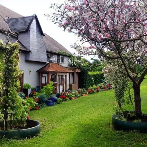 Image similar to A house with a large flower garden and two trees full of apples and pears, top post of all time on /r/curiousplaces subreddit