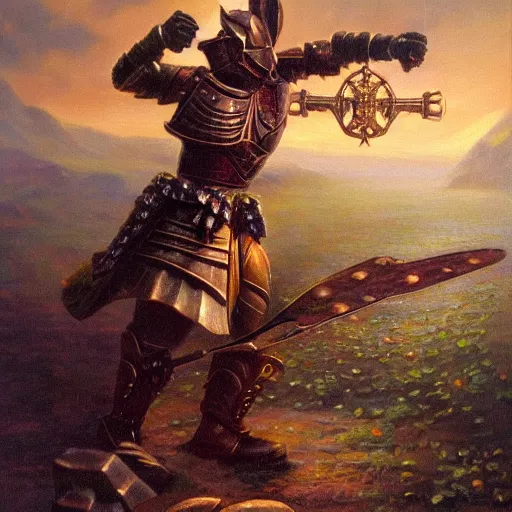Prompt: armored mouse warrior reaches for floating crystal, famous oil painting, award winning, 8k scan