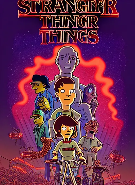 Image similar to scene from the animated version of Futurama Stranger Things with Jim Hopper and Demogorgon, cartoon, detailed faces, high resolution, hyper detailed, intricate, illustrated, dramatic lighting, illustration, concept art, smooth, sharp focus, art by Alphonse Mucha and Matt Groening !n-9