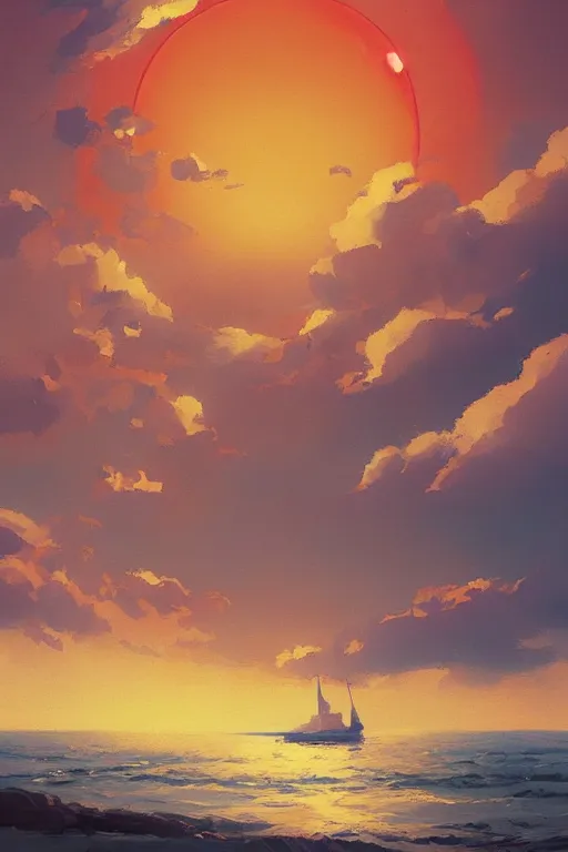 Prompt: a beautiful painting of sunset, round red sun, gorgeous clouds in the sky, warm seaside town, white sailboat on the sea, japanese animation style, by hayao miyazaki, by greg rutkowski, trending on artstation