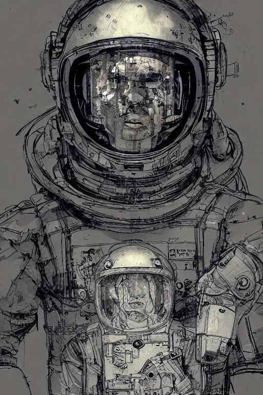 Prompt: portrait of a future cosmonaut with helmet having cybernetics and wirings, pen and ink, intricate line drawings, by craig mullins, ruan jia, kentaro miura, greg rutkowski