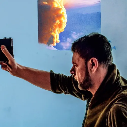 Image similar to a selfie of a ukrainian in yellow - blue rags against the backdrop of a nuclear explosion shoots himself in the head with a pistol in order to die a less painful death