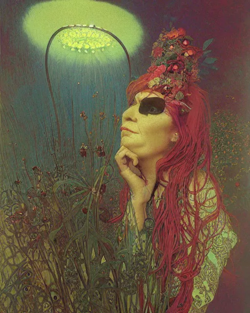 Image similar to flowerpunk portrait of a fierce old matriarch by paul lehr, beksinski, alphonse mucha